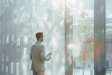 Poster - A young businessman in a suit stands by a window in a bright, modern office building, holding a tablet, lost in thought as sunlight filters in warmly.