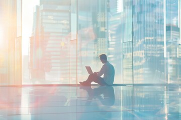 A man is sitting on the floor with his laptop in a bright and minimalist modern office, illuminated by sunlight, symbolizing productivity and innovation.