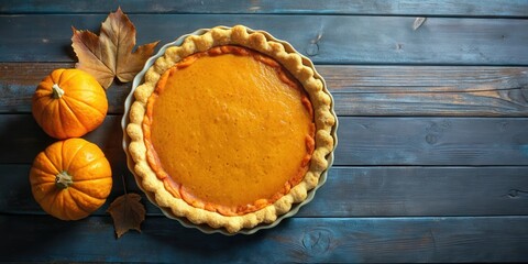 A freshly baked pumpkin pie with two mini pumpkins and autumn leaves on a rustic blue wooden background