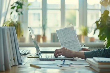 Poster - Close-up of hands focused on analyzing financial documents using a laptop in an office setting, representing finance, analysis, and business management.