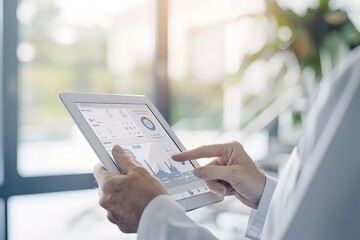 A businessman interacts with a tablet displaying financial data and charts, symbolizing technology-driven business analysis and decision making.