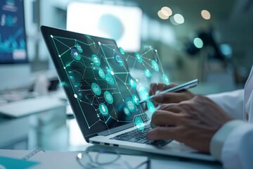 Poster - A holographic interface is projected from an open laptop in a modern office space, conveying themes of advanced technology, connectivity, and innovation.