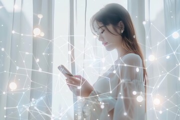 Poster - A woman's side profile against a window is bathed in soft light, holding a smartphone while abstract, digital network graphics illuminate around her elegantly.