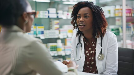 Poster - A pharmacist counseling a customer on medication management and health supplements in a pharmacy consultation area against a clean, professional background, macro shot