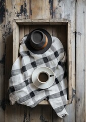 Rustic cozy coffee setup on blanket soft light wood decor muted tones