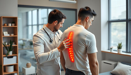 Male osteopath examining young man in modern office. Young physiotherapist doing healing treatment on mans back in rehabilitation clinic. Chiropractor helping patient with scoliosis and back pain is