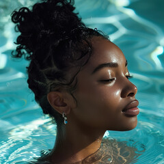 Wall Mural - beautiful happy and calm black lady is swimming in the cool pool during summer time