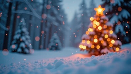 Wall Mural - A Christmas tree covered in snow with warm fairy lights stands in a snowy forest with a blurred background and falling snow. Festive Christmas background
