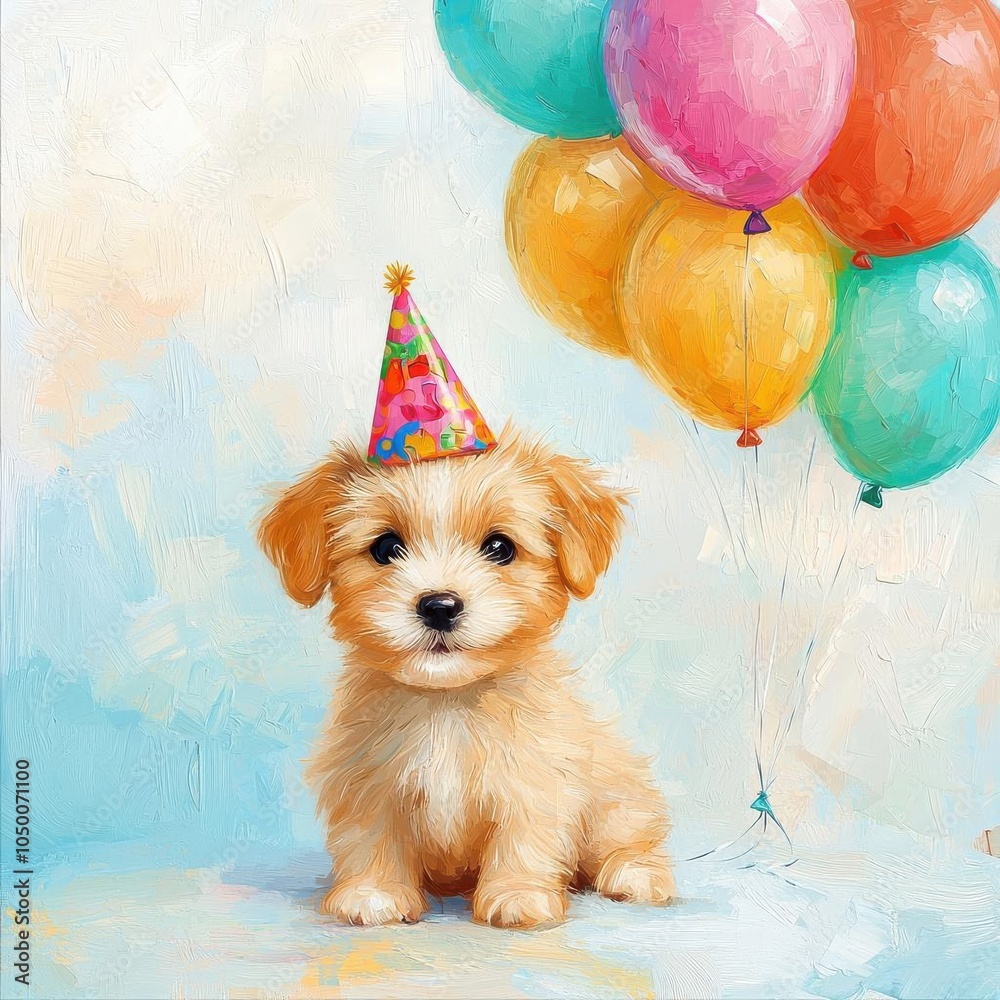 A playful puppy with a party hat and balloons clipart, birthday ...