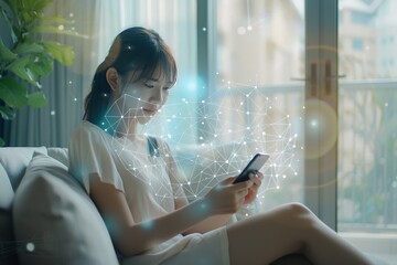 Poster - A woman sits indoors interacting with a phone while a digital holographic interface and diagrams surround her, highlighting modern technology engagement.