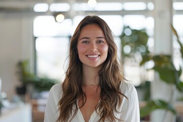 A cheerful young woman stands smiling in a modern office with natural light, surrounded by plants and minimalistic decor, exuding confidence.