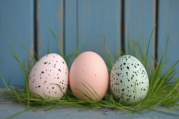 Different colors traditional holiday Easter eggs decorations lying in green grass against blue wooden plank blank empty copy space background. 