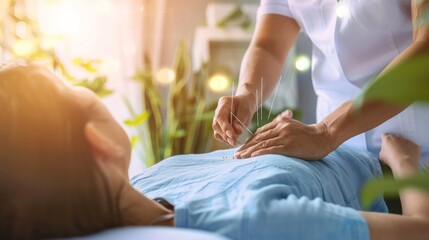 Wall Mural - A physical therapist using acupuncture therapy on a patient in a tranquil treatment room against a soothing, natural background, macro shot