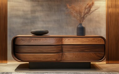 A modern wooden dresser placed in a stylish living room, designed for apartment, hotel, or home settings. 