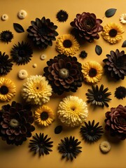 Poster - Colorful arrangement of black and yellow flowers on a vibrant yellow background. Generative AI