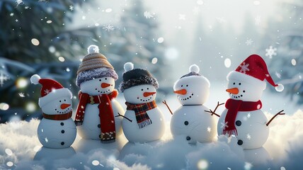 Wall Mural - snowmen standing in winter christmas landscape.winter background.