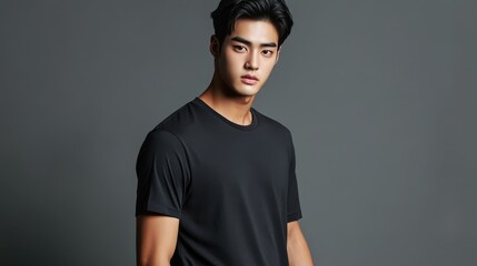 Confident young man in a black t-shirt, striking a pose against a muted background, showcasing modern fashion and style.