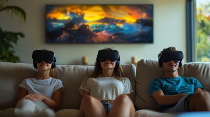 A family enjoys a virtual reality experience together in a cozy living space filled with colorful reflections