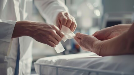 Wall Mural - A serene image of a healthcare professional��s hands gently placing a bandage on a patient��s wound, set in a clean, well-lit clinical room