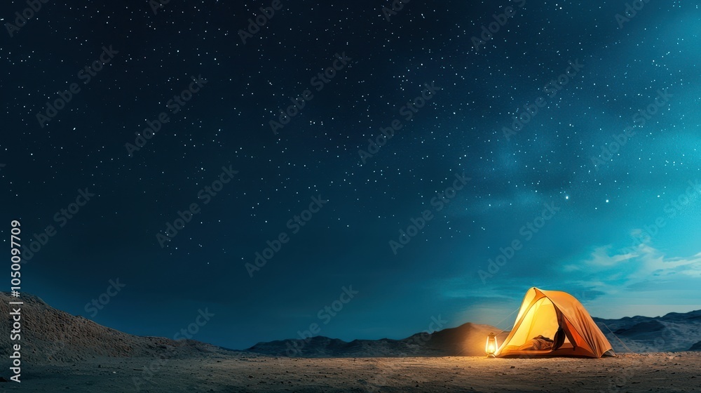 Camping in a desert under a clear, starry night, tent illuminated by ...