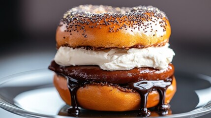 A delicious gourmet donut topped with a generous layer of creamy white filling and rich chocolate sauce, sprinkled with poppy seeds and served on a glass plate.