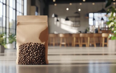 A high-quality mock-up of a coffee bean package in a minimalist setting, with a blank front surface for custom text or design. 8f30-f4573599ede8