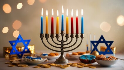 Hanukkah menorah candelabrum with nine lit candles and traditional Hanukkah items, including gold coins (gelt), bowls of festive treats, and decorations like the Star of David