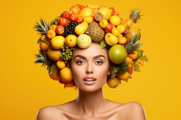 Woman with hair made of many fruits on yellow background. Healthy lifestyle concept