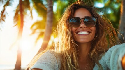 A young woman with flowing hair and sunglasses enjoys the tropical sun setting as palm trees frame the background, capturing a moment of joy and leisure.