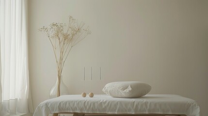 Aufkleber - A serene scene of a patient receiving acupuncture treatment in a tranquil therapy room with soft lighting, set against a calming, neutral background