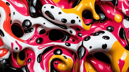 Poster - An energetic mix of colors including pink, white, yellow, and black, with swirling patterns and holes, creating a dynamic, lively abstract design.