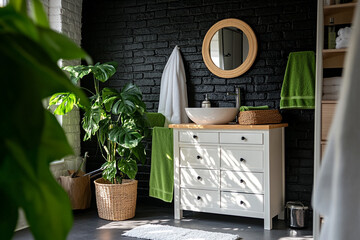 Creative composition of bathroom interior with white bath, black wall, plants and personal accessories. Home decor.