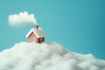 A small house is on top of a snow-covered hill. The house is surrounded by clouds, giving the scene a dreamy and whimsical atmosphere