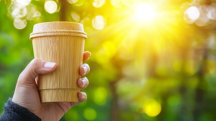 Embracing a Sustainable Lifestyle: Person holding a Bamboo Coffee Cup Outdoors in a Green Environment