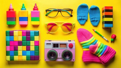 Aufkleber - A collection of colorful objects on a yellow background featuring a toy camera, colorful socks, and glasses