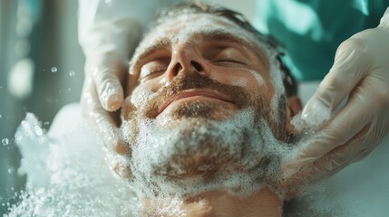 A male face during a spa session, with a therapist applying foamy cleansing treatment, highlighting relaxation and skincare, under soft natural lighting.