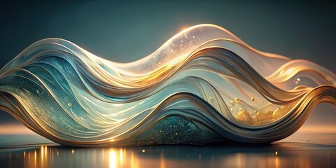 Poster - A wave of translucent glass with sparkling gold dust, reflecting light and shimmering with an ethereal glow