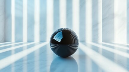 Poster - A black artistic sphere sits within a room filled with striped light patterns, creating an intriguing interplay of light and shadow, evoking a sense of mystery.