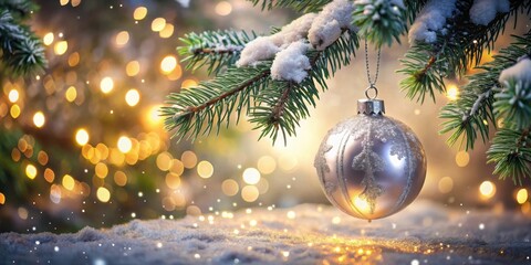 Aufkleber - A silver Christmas ornament hangs from a snow-covered pine branch against a backdrop of twinkling lights and a field of white snow.