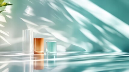 Poster - Artistic display featuring three colorful glass tubes with dynamic shadows on a reflective surface, mediating between abstract and minimalist elements.