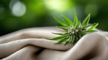 A close-up image showcasing a fresh cannabis plant with lush green leaves placed on a soft beige cloth, set against a blurred natural green background.