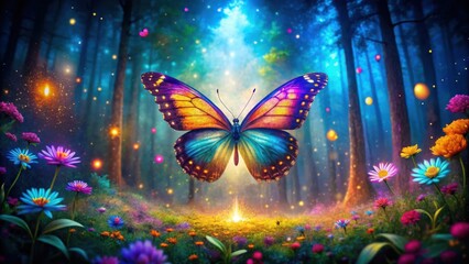 Poster - A vibrant butterfly, its wings ablaze with color, hovers above a magical forest clearing bathed in the soft glow of ethereal lights.