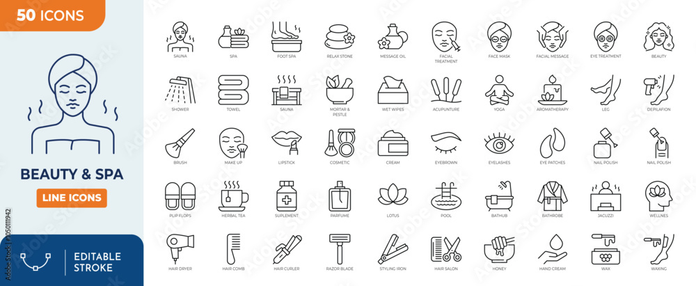beauty & spa line editable icon set. A set of outline icons related to ...