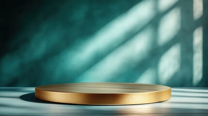 Poster - A simple yet elegant design showcasing a gold platform accented by dynamic light and shadow interplay on a teal wall, evoking contemporary minimalism delicately.