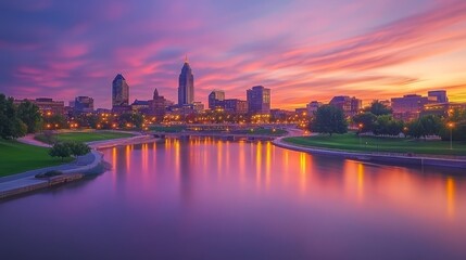 Vibrant City Skyline at Sunset Reflected in Water