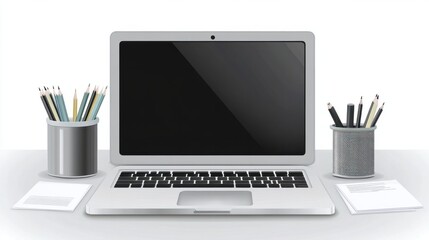 Wall Mural - Front view laptop on white table. Nearby is document paper, pencil holder. In modern office workplace.