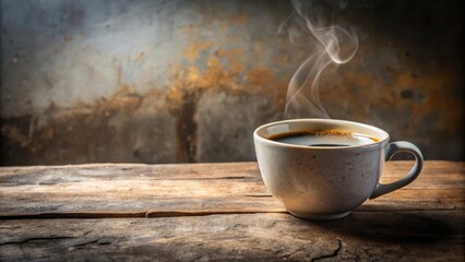 Poster - A steaming cup of coffee on a rustic wooden surface against a backdrop of weathered texture.