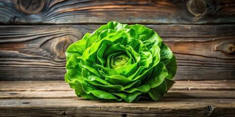 Poster - A single head of crisp, vibrant green lettuce, its leaves forming a delicate rosette, sits on a weathered wooden surface, showcasing the beauty of fresh produce.