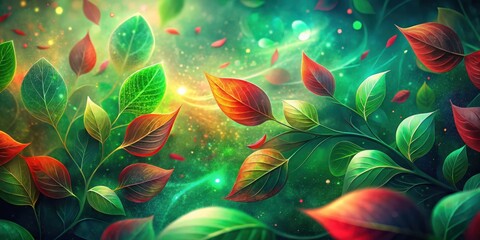Poster - A vibrant display of leaves in hues of green, red, and orange against a shimmering background.