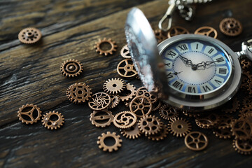 Old clock macro. Closeup of gears from clock works. rusty mechanism in the old clock